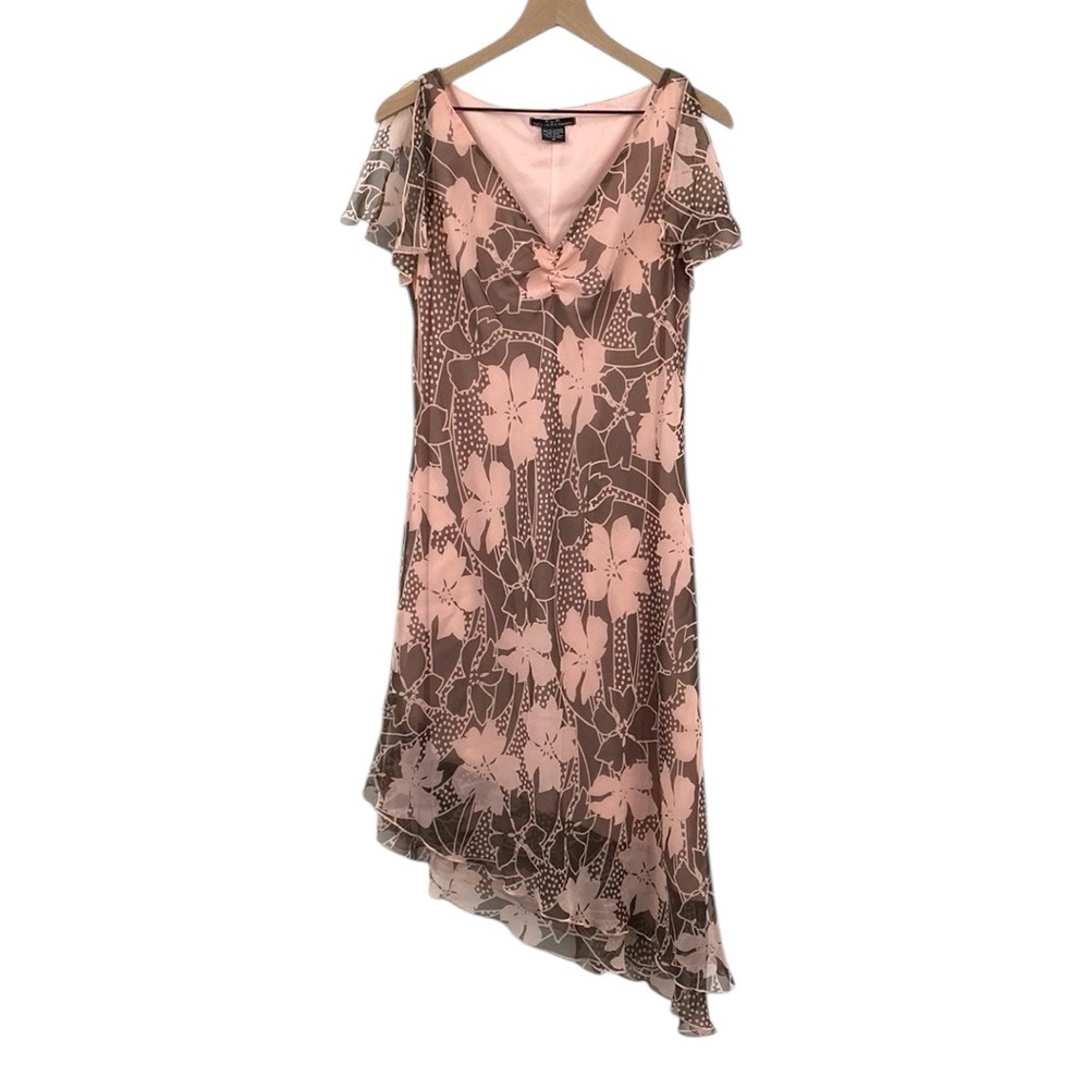 Y2K F.L.P. Dress Women’s‎ 14 Pink Brown Floral Fairy Asymmetrical Midi Flirty